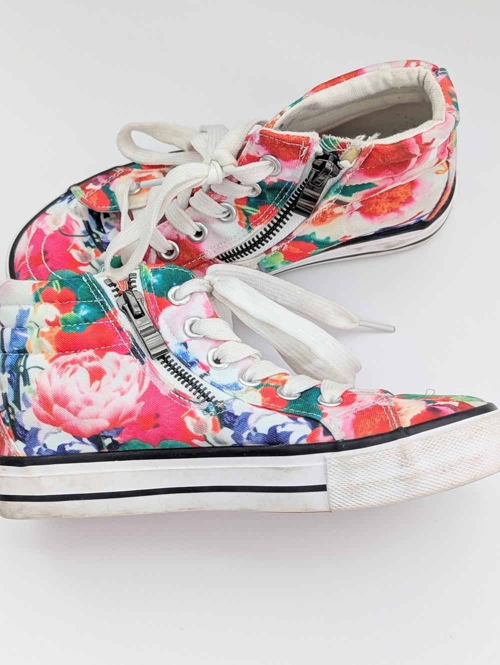 Girls' (Size 1) Floral Canvas High-Top Sneakers/Shoes w/Laces & Side Zippers